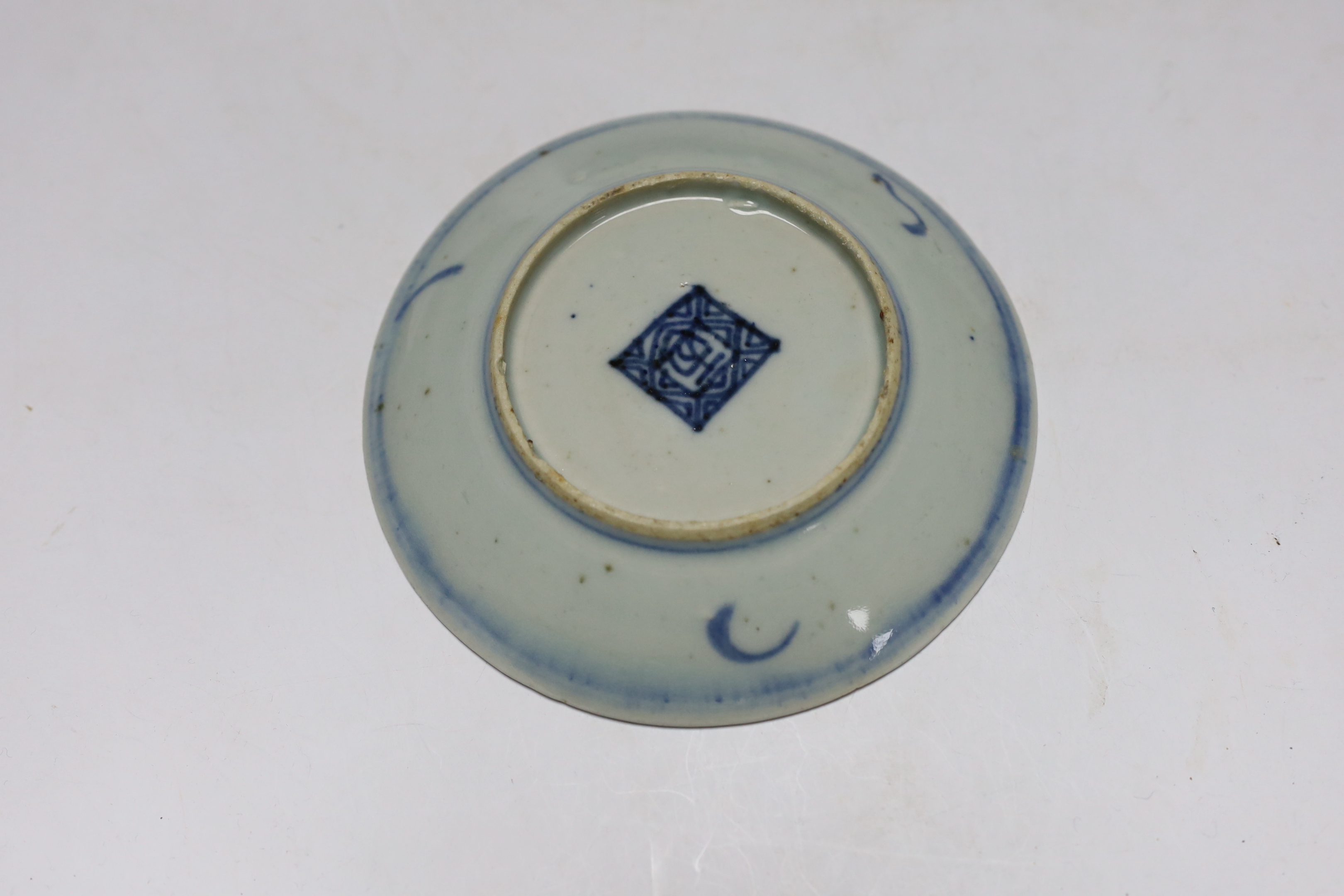 A group of Chinese blue and white bowls a dish and a Delft blue and white vase, largest 19cm in diameter